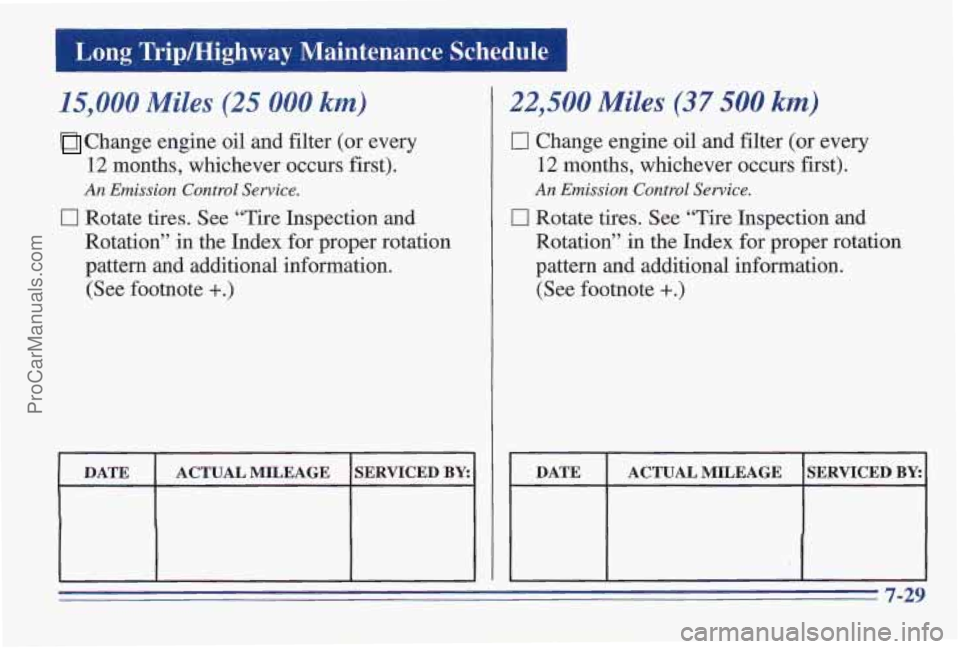 PONTIAC PONTIAC 1997  Owners Manual Long Trip/Highwav  Maintenance  Schedule 
I 15,000 Miles (25 000 km) 
Change engine oil and filter  (or every 
12 months,  whichever  occurs  first). 
An Emission Control Service. 
0 Rotate  tires. Se