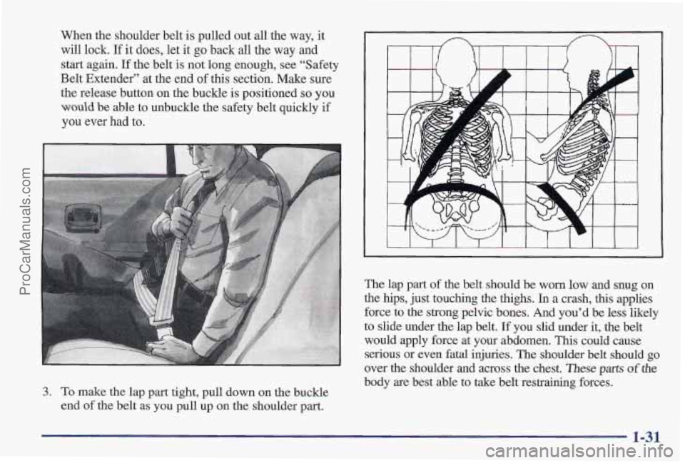 PONTIAC PONTIAC 1997 Owners Guide When the shoulder belt is pulled out all the way, it
will lock. If it does, let it
go back all the way and
start again. If the belt is not long enough, see “Safety
Belt Extender” at PONTIAC PONTIAC 1997 Owners Guide When the shoulder belt is pulled out all the way, it
will lock. If it does, let it
go back all the way and
start again. If the belt is not long enough, see “Safety
Belt Extender” at