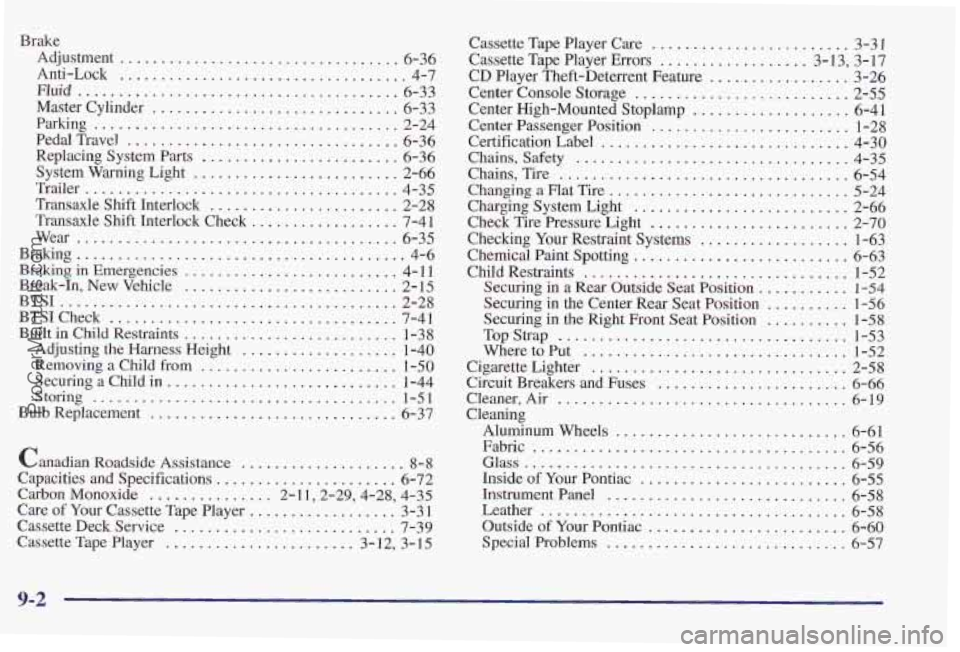 PONTIAC PONTIAC 1997  Owners Manual Brake Adjustment 
.................................. 6-36 
Fluid ....................................... 6-33 
Master  Cylinder 
.............................. 6-33 
System  Warning  Light 
..........