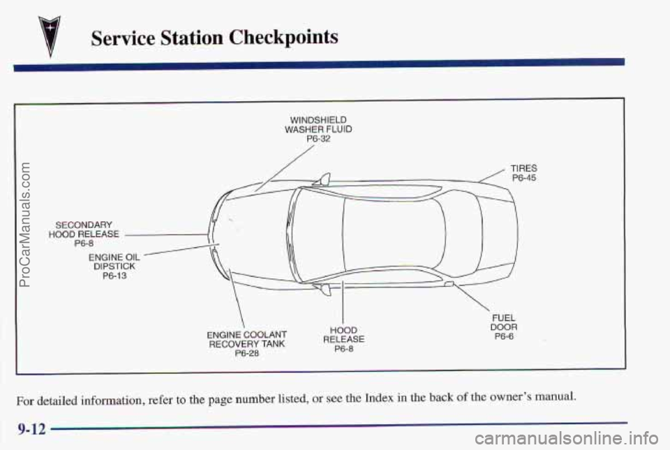 PONTIAC PONTIAC 1997 Owners Manual M Service Station Checkpoints
WINDSHIELD
WASHER FLUID
P6-32
SECONDARY HOOD RELEASE
DIPSTICK
B6-13
ENQINE COOLANT RECOVERY
TANK P6-28
I
HOOD RELEASE
P6-8
FUEL DOOR P6-6
For detailed i PONTIAC PONTIAC 1997 Owners Manual M Service Station Checkpoints
WINDSHIELD
WASHER FLUID
P6-32
SECONDARY HOOD RELEASE
DIPSTICK
B6-13
ENQINE COOLANT RECOVERY
TANK P6-28
I
HOOD RELEASE
P6-8
FUEL DOOR P6-6
For detailed i