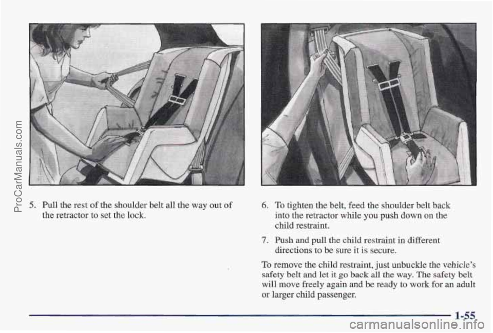 PONTIAC PONTIAC 1997 Repair Manual 5. Pull the rest of the shoulder belt all the way out of
the retractor to set the lock.
6. To tighten the belt, feed the shoulder belt back
into the retractor while you push down
on the
chi PONTIAC PONTIAC 1997 Repair Manual 5. Pull the rest of the shoulder belt all the way out of
the retractor to set the lock.
6. To tighten the belt, feed the shoulder belt back
into the retractor while you push down
on the
chi