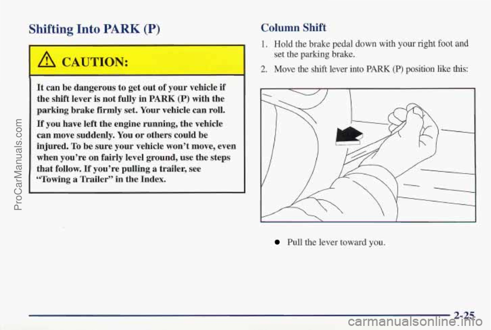 PONTIAC PONTIAC 1997 Owners Manual Shifting Into PARK (P)
It can be dangerous to get out of your vehicle if
the shift lever is not fully in
PARK (P) with the
parking brake firmly set. Your vehicle can roll.
If you h PONTIAC PONTIAC 1997 Owners Manual Shifting Into PARK (P)
It can be dangerous to get out of your vehicle if
the shift lever is not fully in
PARK (P) with the
parking brake firmly set. Your vehicle can roll.
If you h