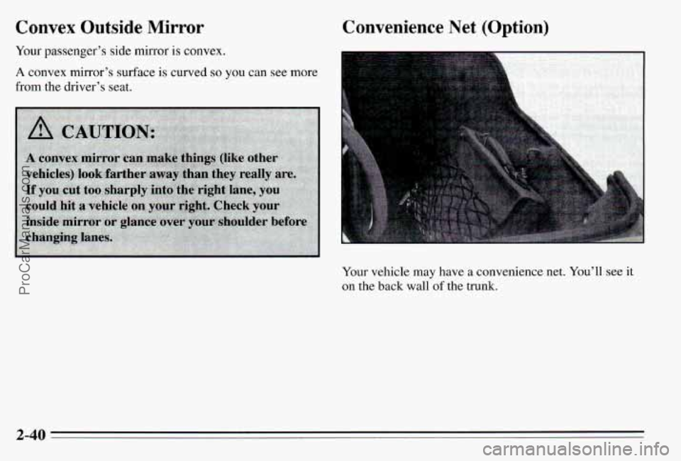 PONTIAC PONTIAC 1995  Owners Manual Convex Outside Mirror 
Your passenger’s  side  mirror is GO~V~X. 
A convex mirror’s surface  is  curved so you can  see  more 
from  the  driver’s  seat. 
Convenience  Net  (Option) 
t 
Your veh