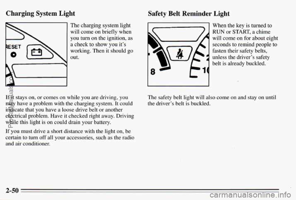 PONTIAC PONTIAC 1995 Owners Manual Charging System Light
The charging system light
will come on briefly when
you turn
on the ignition, as
a check to, show you it’s
working. Then it should
go
out.
If it stay PONTIAC PONTIAC 1995 Owners Manual Charging System Light
The charging system light
will come on briefly when
you turn
on the ignition, as
a check to, show you it’s
working. Then it should
go
out.
If it stay
