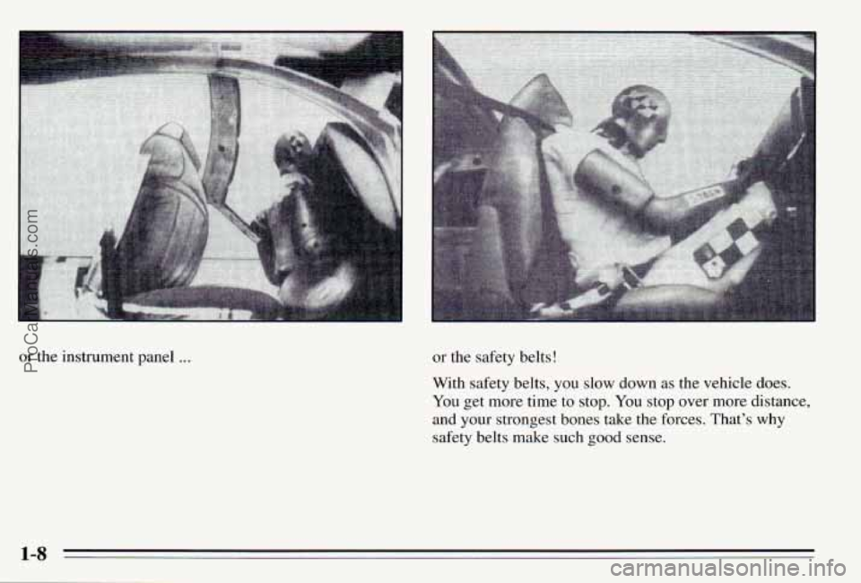 PONTIAC PONTIAC 1995 User Guide or  the  instrument  panel . . . or  the  safety belts! 
With  safety  belts,  you  slow 
down as  the  vehicle  does. 
You get  more  time  to stop.  You stop over  more  distance, 
and  your  strong