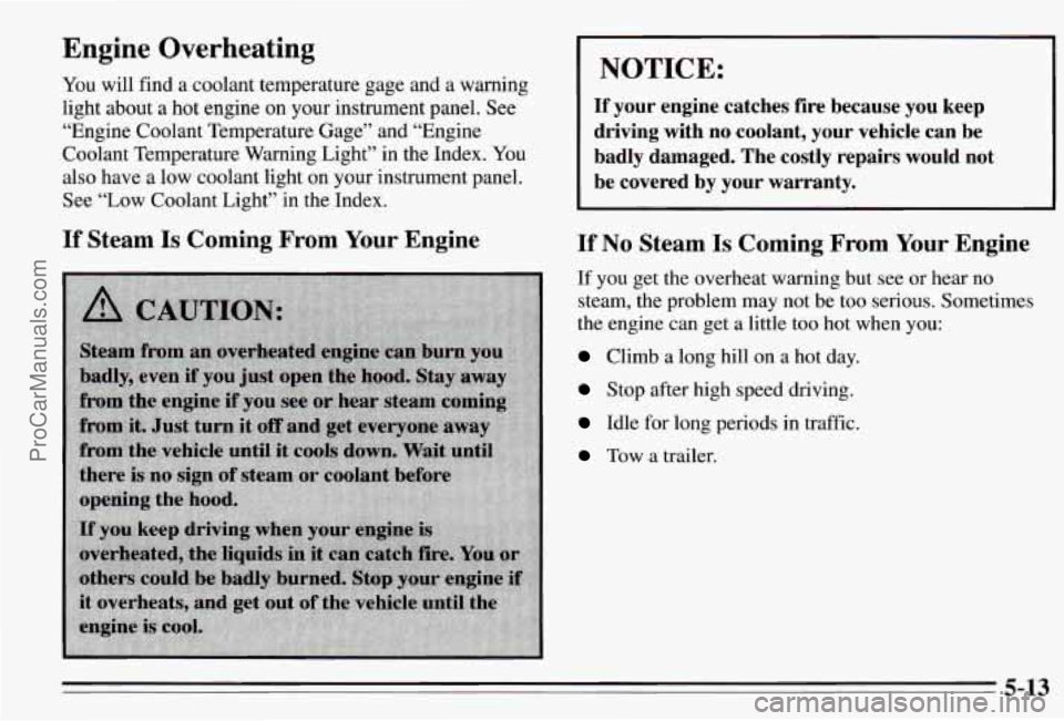 PONTIAC PONTIAC 1995  Owners Manual Engine  Overheating 
You will find a coolant temperature gage  and a warning 
light about a  hot engine  on  your  instrument panel. See 
“Engine Coolant  Temperature Gage” and “Engine 
Coolant 