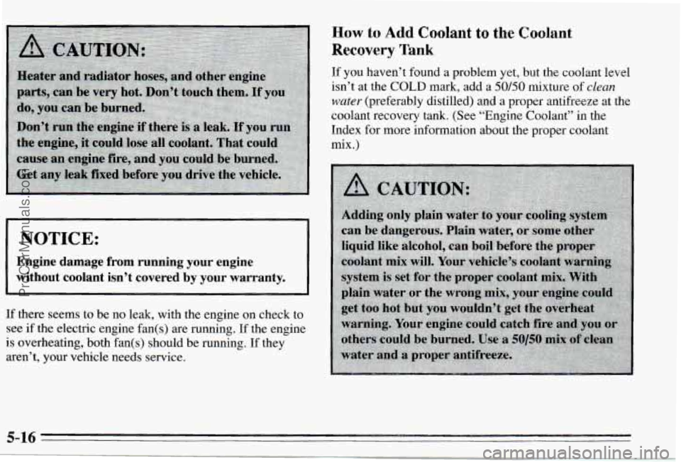 PONTIAC PONTIAC 1995  Owners Manual If there  seems  to be  no leak, with  the engine on check to 
see 
if the  electric engine fan(s) are running. If the engine 
is  overheating, both fan(s)  should  be  running. 
If they 
aren’t, 
y