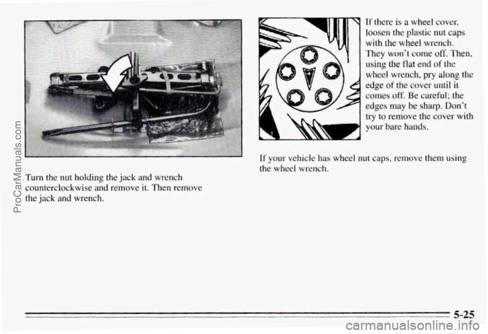 PONTIAC PONTIAC 1995  Owners Manual Turn  the  nut  holding  the jack and  wrench 
counterclockwise  and  remove  it. Then  remove 
the  jack  and  wrench. 
If there is a wheel  cover, 
loosen  the  plastic  nut 
caps 
with  the  wheel 