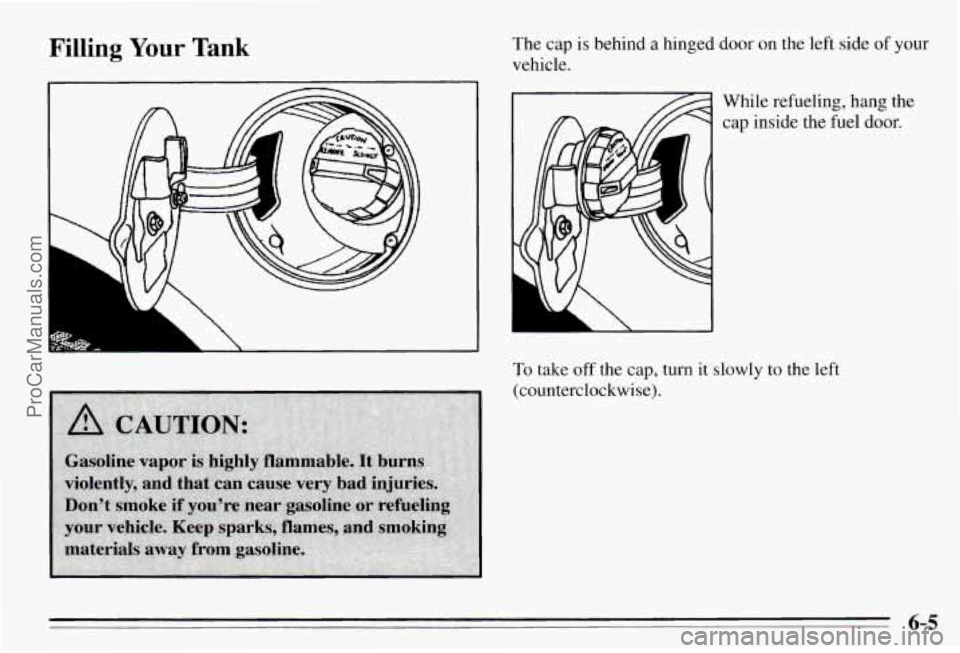 PONTIAC PONTIAC 1995 Owners Manual Filling Your Tank The cap is behind a hinged door on the left side of your
vehicle.
While refueling, hang the cap inside the fuel
door.
To take off the cap, turn it slowly to the left PONTIAC PONTIAC 1995 Owners Manual Filling Your Tank The cap is behind a hinged door on the left side of your
vehicle.
While refueling, hang the cap inside the fuel
door.
To take off the cap, turn it slowly to the left