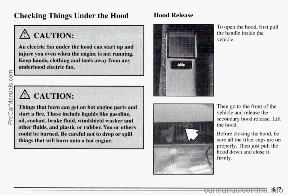 PONTIAC PONTIAC 1995 Owners Manual Checking Things Under the Hood Hood Release
To open the hood, first pull
the handle inside the
vehicle.
Then
go to the front of the
vehicle and release
the
secondary hood release. Lift
PONTIAC PONTIAC 1995 Owners Manual Checking Things Under the Hood Hood Release
To open the hood, first pull
the handle inside the
vehicle.
Then
go to the front of the
vehicle and release
the
secondary hood release. Lift