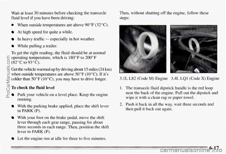 PONTIAC PONTIAC 1995 Owners Manual Wait at least 30 minutes before checking the transaxle
fluid level
if you have been driving:
0 When outside temperatures are above 90°F (32°C).
At high speed for quite a while.
I PONTIAC PONTIAC 1995 Owners Manual Wait at least 30 minutes before checking the transaxle
fluid level
if you have been driving:
0 When outside temperatures are above 90°F (32°C).
At high speed for quite a while.
I