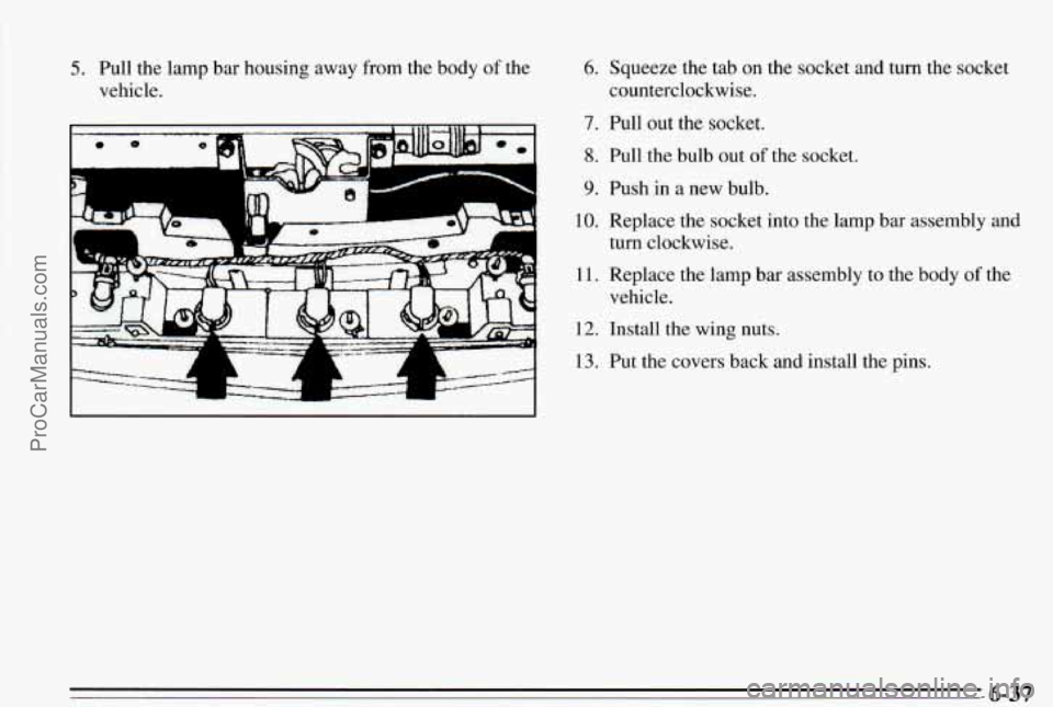 PONTIAC PONTIAC 1995  Owners Manual 5. Pull  the lamp bar  housing  away  from  the  body  of  the 
vehicle. 
K uw 
6. Squeeze  the  tab on the  socket  and  turn  the  socket 
counterclockwise. 
7. Pull  out  the  socket. 
8. Pull  the
