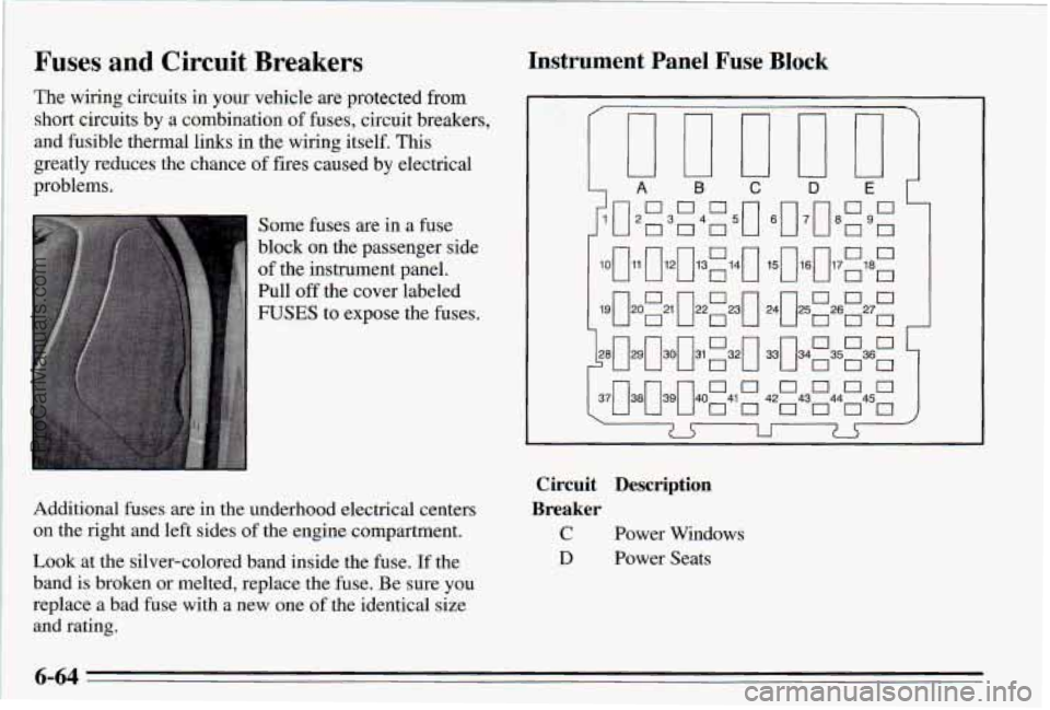 PONTIAC PONTIAC 1995 Owners Manual Fuses and Circuit Breakers
The wiring circuits in your vehicle are protected from
short circuits by a combination of fuses, circuit breakers,
and fusible thermal links
in the wiring PONTIAC PONTIAC 1995 Owners Manual Fuses and Circuit Breakers
The wiring circuits in your vehicle are protected from
short circuits by a combination of fuses, circuit breakers,
and fusible thermal links
in the wiring