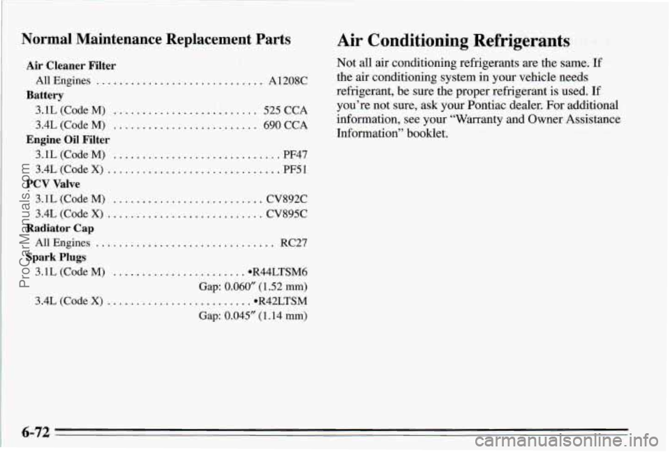 PONTIAC PONTIAC 1995 Owners Manual Normal Maintenance Replacement Parts
Air Cleaner Filter
Battery
All Engines ............................. A1208C
3.1L (Code
M) ......................... 525 CCA
3.4L (Code
M) .............. PONTIAC PONTIAC 1995 Owners Manual Normal Maintenance Replacement Parts
Air Cleaner Filter
Battery
All Engines ............................. A1208C
3.1L (Code
M) ......................... 525 CCA
3.4L (Code
M) ..............