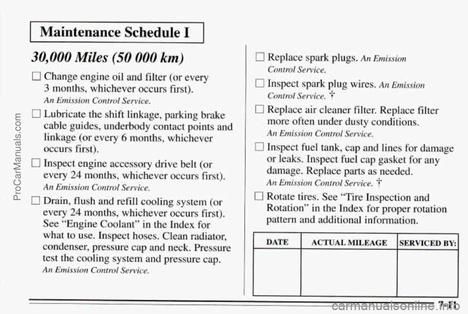 PONTIAC PONTIAC 1995  Owners Manual Maintenance Schedule I 
30,000 Miles (50 000 km) 
0 Change engine oil and filter  (or  every 
3 months,  whichever occurs first). 
An Emission  Control Service. 
0 Lubricate the  shift linkage,  parki