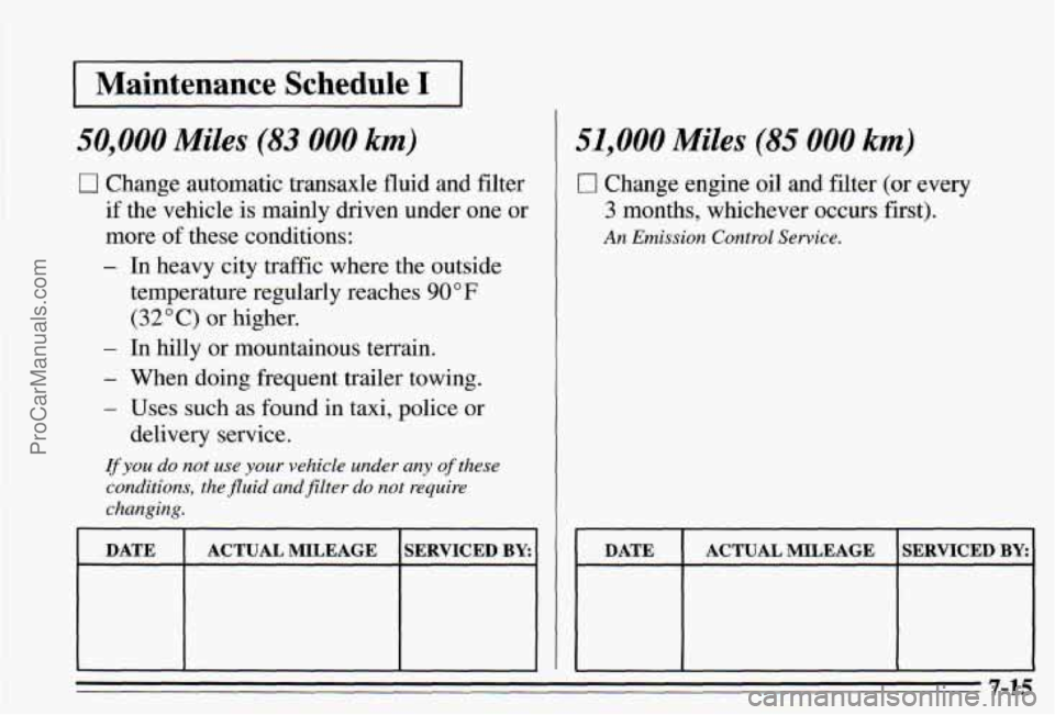 PONTIAC PONTIAC 1995  Owners Manual I Maintenance Schedule I 1 
50,000 Miles (83 000 km) 
0 Change automatic transaxle fluid and filter 
if the vehicle  is mainly  driven under one or 
more  of these  conditions: 
- In heavy  city traff