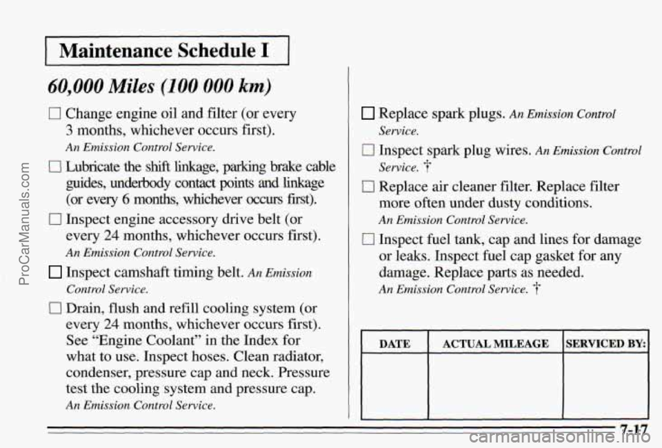 PONTIAC PONTIAC 1995  Owners Manual Maintenance  Schedule. 1 
60,000 Miles (100 000 km) 
- 
0 Change engine oil and filter (or every 
3 months,  whichever  occurs first). 
An Emission  Control Service. 
0 Lubricate  the shift linkage,  