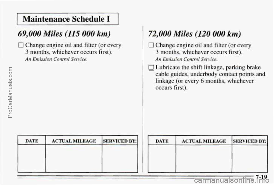 PONTIAC PONTIAC 1995  Owners Manual I Maintenance Schedule I I 
69,000 Miles (115 000 km) 
Cl Change engine oil and filter (or every 
3 months, whichever  occurs first). 
An Emission Control Service. 
DATE 
SERVICED BY: ACTUAJ  MILEAGE