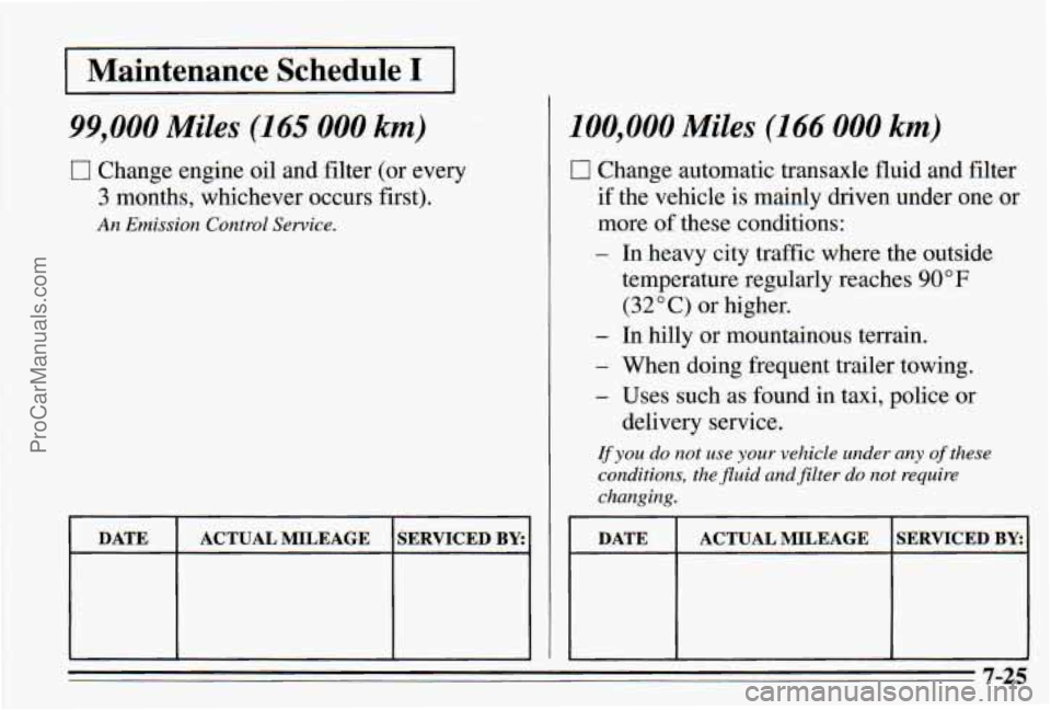 PONTIAC PONTIAC 1995 Owners Manual I Maintenance Schedule I I
99,000 Miles (165 000 km)
Cl Change engine oil and filter (or every
3 months, whichever occurs first).
An Emission Control Service.
DATE
SERVICED BY: ACTUAL MIL PONTIAC PONTIAC 1995 Owners Manual I Maintenance Schedule I I
99,000 Miles (165 000 km)
Cl Change engine oil and filter (or every
3 months, whichever occurs first).
An Emission Control Service.
DATE
SERVICED BY: ACTUAL MIL