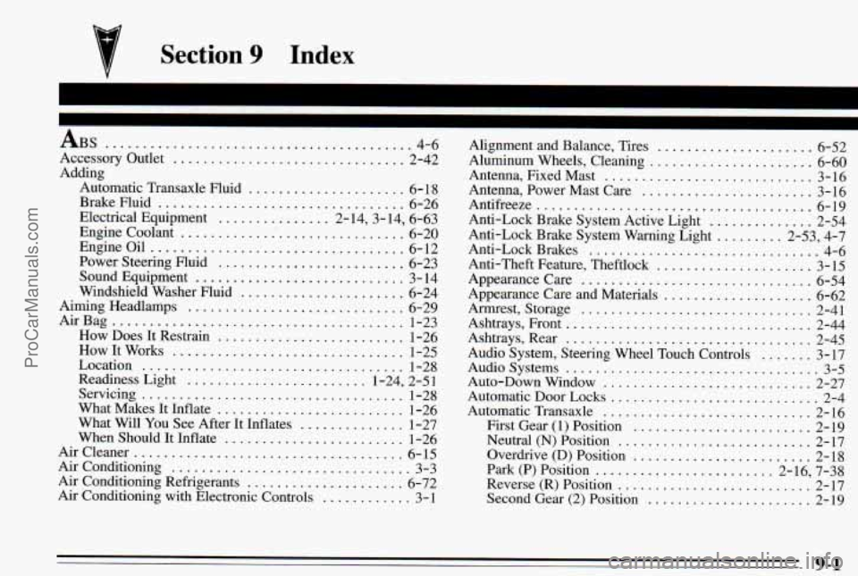 PONTIAC PONTIAC 1995 Owners Manual Section 9 Index
.
ABS ......................................... 4-6
Accessory Outlet
............................... 2-42
Adding Automatic Transaxle Fluid
..................... 6- 18
BrakeF PONTIAC PONTIAC 1995 Owners Manual Section 9 Index
.
ABS ......................................... 4-6
Accessory Outlet
............................... 2-42
Adding Automatic Transaxle Fluid
..................... 6- 18
BrakeF