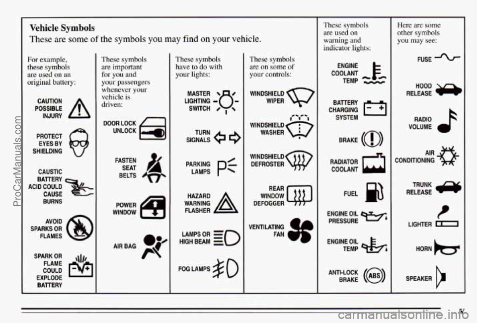 PONTIAC PONTIAC 1995  Owners Manual Vehicle Symbols 
These are some of the symbols  you  may find on your vehicle. 
For example, 
these symbols 
are used on an 
original battery; 
POSSIBLE A 
CAUTION 
INJURY 
PROTECT  EYES  BY 
SHIELDIN