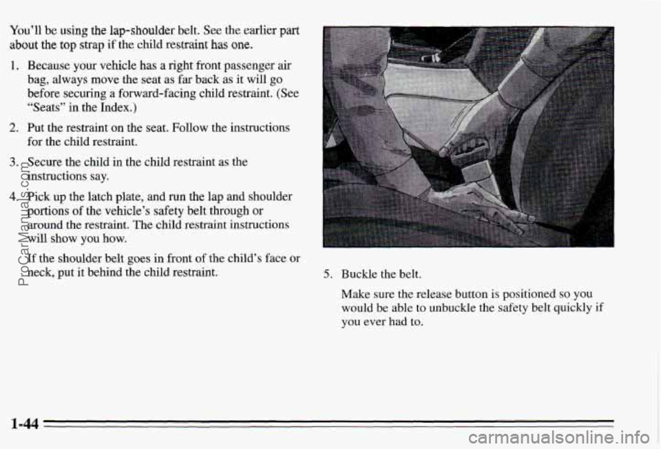 PONTIAC PONTIAC 1995 Workshop Manual You’ll be using the lap-shoulder belt. See the earlier part 
about the top strap if the child restraint has one. 
1. Because  your  vehicle has a right front passenger  air 
bag,  always  move  the 