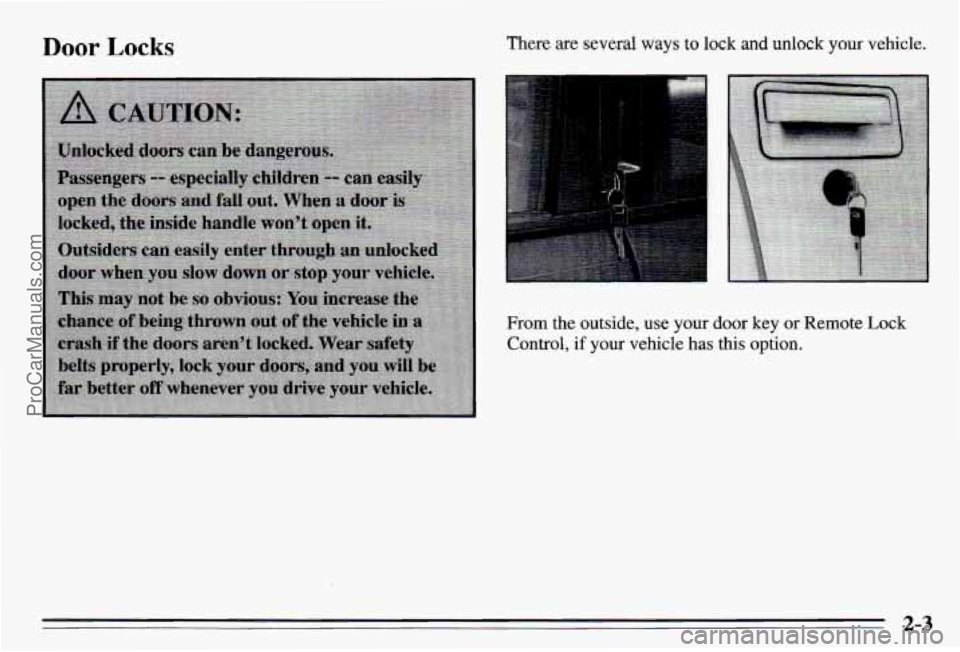 PONTIAC PONTIAC 1995 Owners Manual Door Locks There are several ways to lock and unlock your vehicle.
From the outside, use your door key or Remote Lock
Control, if your vehicle has this option.
2-3
ProCarManuals.com PONTIAC PONTIAC 1995 Owners Manual Door Locks There are several ways to lock and unlock your vehicle.
From the outside, use your door key or Remote Lock
Control, if your vehicle has this option.
2-3
ProCarManuals.com