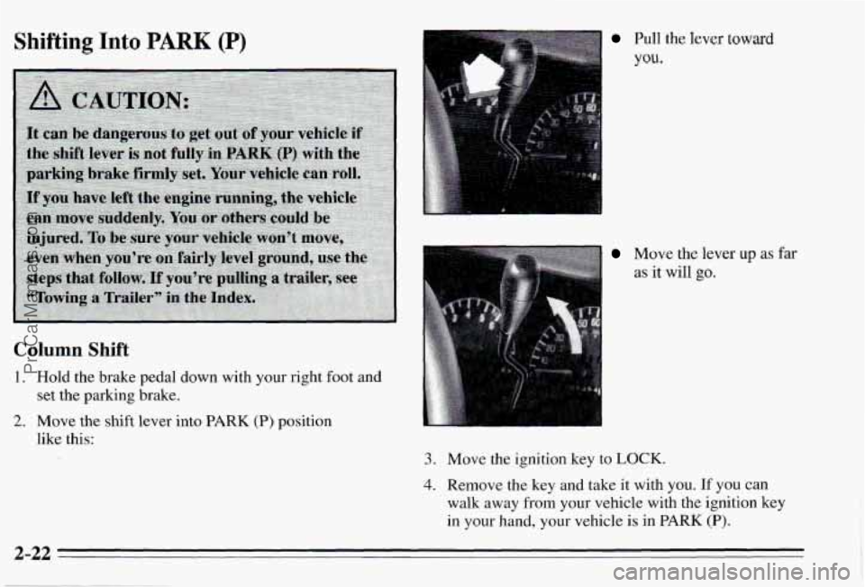 PONTIAC PONTIAC 1995  Owners Manual Shifting Into PARK (P) 
Column Shift 
1, Hold  the  brake  pedal  down  with  your  right  foot  and set  the  parking  brake. 
?. Move  the shift lever  into PARK (P) position 
like  this: 
Pull the 