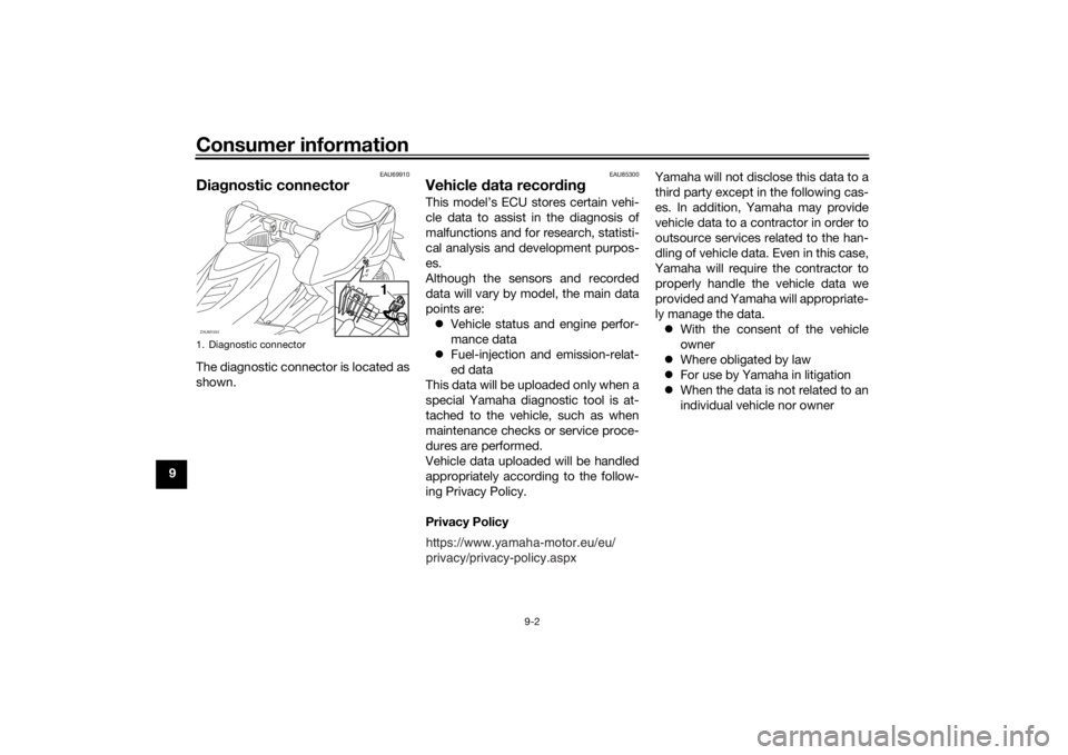 YAMAHA AEROX50 2018 Manual PDF Consumer information
9-2
9
EAU69910
Diagnostic connectorThe diagnostic connector is located as
shown.
EAU85300
Vehicle data recordingThis model’s ECU stores certain vehi-
cle data to assist in the d