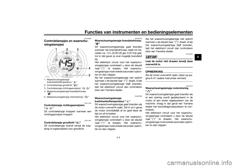 YAMAHA AEROX50 2018  Instructieboekje (in Dutch) Functies van instrumenten en bedieningselementen
3-2
3
DAU4939D
Controlelampjes en waarschu-
wingslampjes
DAU11022
Controlelampje richtingaanwijzers
“”
Dit controlelampje knippert wanneer een
rich
