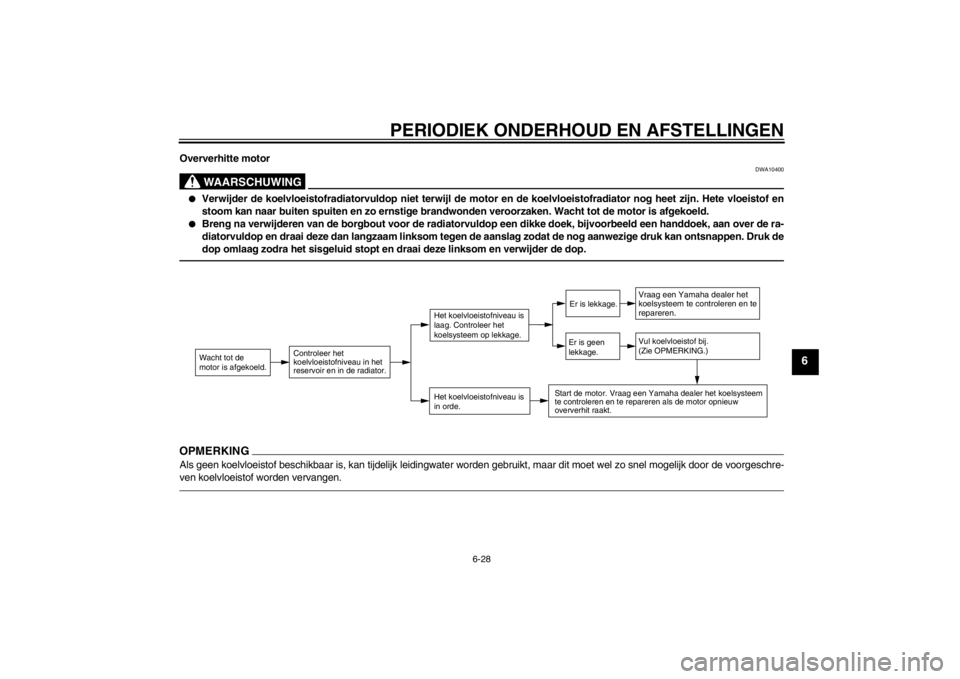 YAMAHA AEROX50 2015 Instructieboekje (in Dutch) PERIODIEK ONDERHOUD EN AFSTELLINGEN
6-28
6
Oververhitte motor
WAARSCHUWING
DWA10400
●
Verwijder de koelvloeistofradiatorvuldop niet terwijl de motor en de koelvloeistofradiator nog heet zijn. Hete v YAMAHA AEROX50 2015 Instructieboekje (in Dutch) PERIODIEK ONDERHOUD EN AFSTELLINGEN
6-28
6
Oververhitte motor
WAARSCHUWING
DWA10400
●
Verwijder de koelvloeistofradiatorvuldop niet terwijl de motor en de koelvloeistofradiator nog heet zijn. Hete v