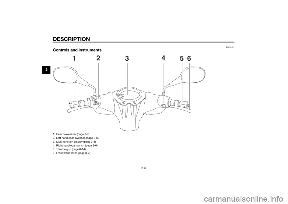 YAMAHA AEROX50 2014 User Guide DESCRIPTION
2-3
2
EAU10431
Controls and instruments
1
2
3
4
5
6
1. Rear brake lever (page 3-7)
2. Left handlebar switches (page 3-6)
3. Multi-function display (page 3-3)
4. Right handlebar switch (pag YAMAHA AEROX50 2014 User Guide DESCRIPTION
2-3
2
EAU10431
Controls and instruments
1
2
3
4
5
6
1. Rear brake lever (page 3-7)
2. Left handlebar switches (page 3-6)
3. Multi-function display (page 3-3)
4. Right handlebar switch (pag