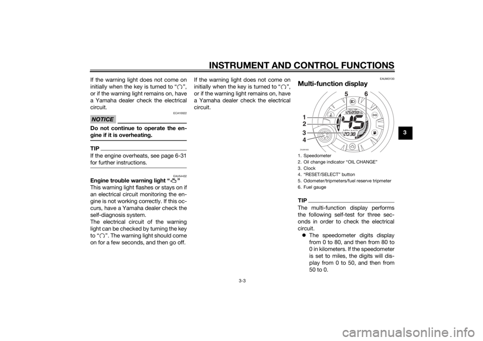 YAMAHA AEROX50 2014 User Guide INSTRUMENT AND CONTROL FUNCTIONS
3-3
3 If the warning light does not come on
initially when the key is turned to “ ”,
or if the warning light remains on, have
a Yamaha dealer check the electrical
