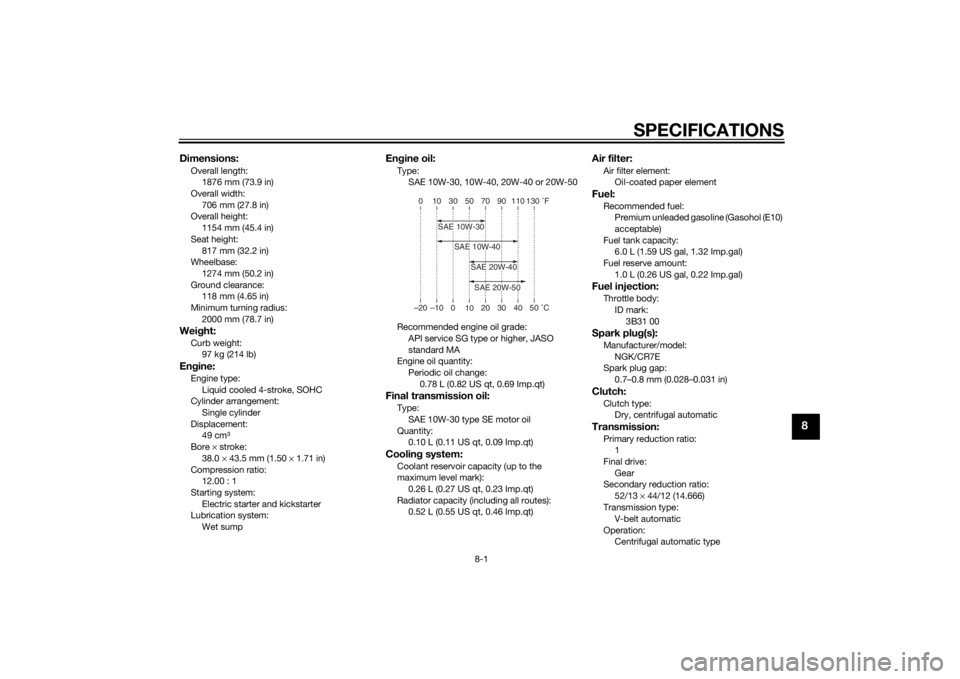 YAMAHA AEROX50 2014 Manual PDF SPECIFICATIONS
8-1
8
Dimensions:Overall length:1876 mm (73.9 in)
Overall width:
706 mm (27.8 in)
Overall height: 1154 mm (45.4 in)
Seat height: 817 mm (32.2 in)
Wheelbase:
1274 mm (50.2 in)
Ground cle YAMAHA AEROX50 2014 Manual PDF SPECIFICATIONS
8-1
8
Dimensions:Overall length:1876 mm (73.9 in)
Overall width:
706 mm (27.8 in)
Overall height: 1154 mm (45.4 in)
Seat height: 817 mm (32.2 in)
Wheelbase:
1274 mm (50.2 in)
Ground cle