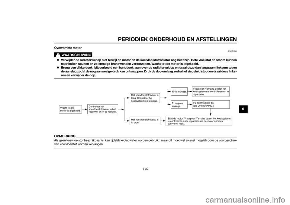YAMAHA AEROX50 2014  Instructieboekje (in Dutch) PERIODIEK ONDERHOUD EN AFSTELLINGEN
6-32
6
Oververhitte motor
WAARSCHUWING
DWAT1041
Verwijder de radiatorvuldop niet terwijl de motor en de koelvloeistofradiator nog heet zijn. Hete vloeistof en st