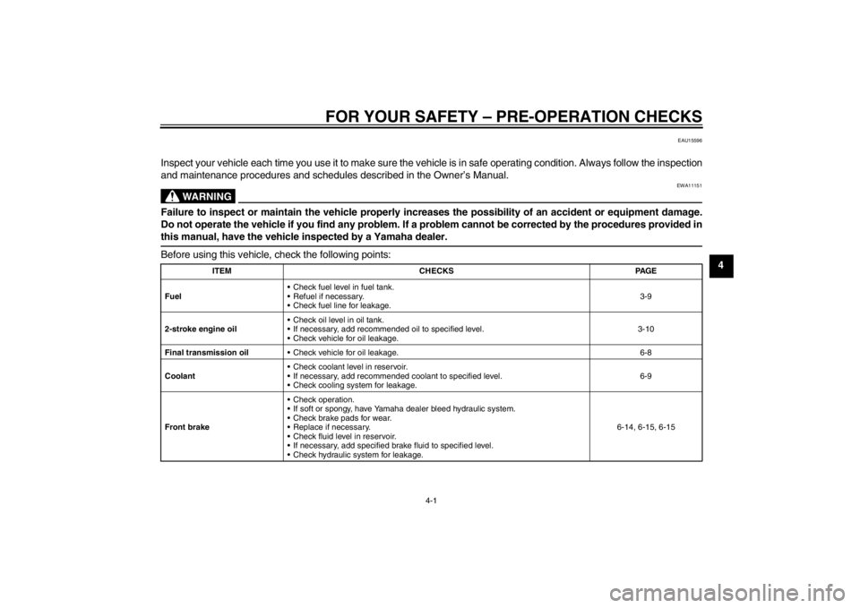 YAMAHA AEROX50 2013  Owners Manual FOR YOUR SAFETY – PRE-OPERATION CHECKS
4-1
4
EAU15596
Inspect your vehicle each time you use it to make sure the vehicle is in safe operating condition. Always follow the inspection
and maintenance 