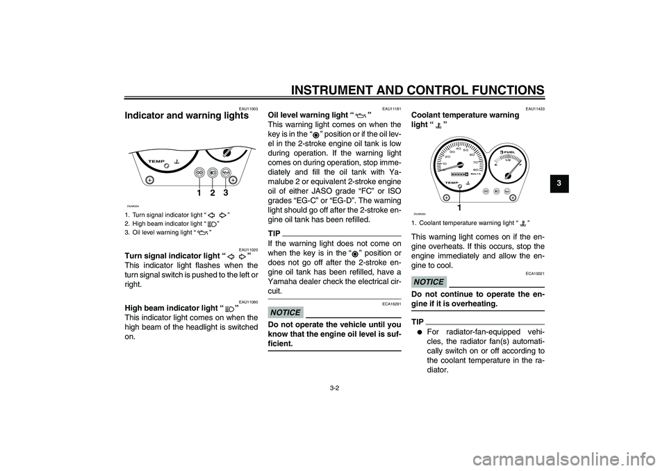 YAMAHA AEROX50 2009 User Guide INSTRUMENT AND CONTROL FUNCTIONS
3-2
3
EAU11003
Indicator and warning lights 
EAU11020
Turn signal indicator light“” 
This indicator light flashes when the
turn signal switch is pushed to the left