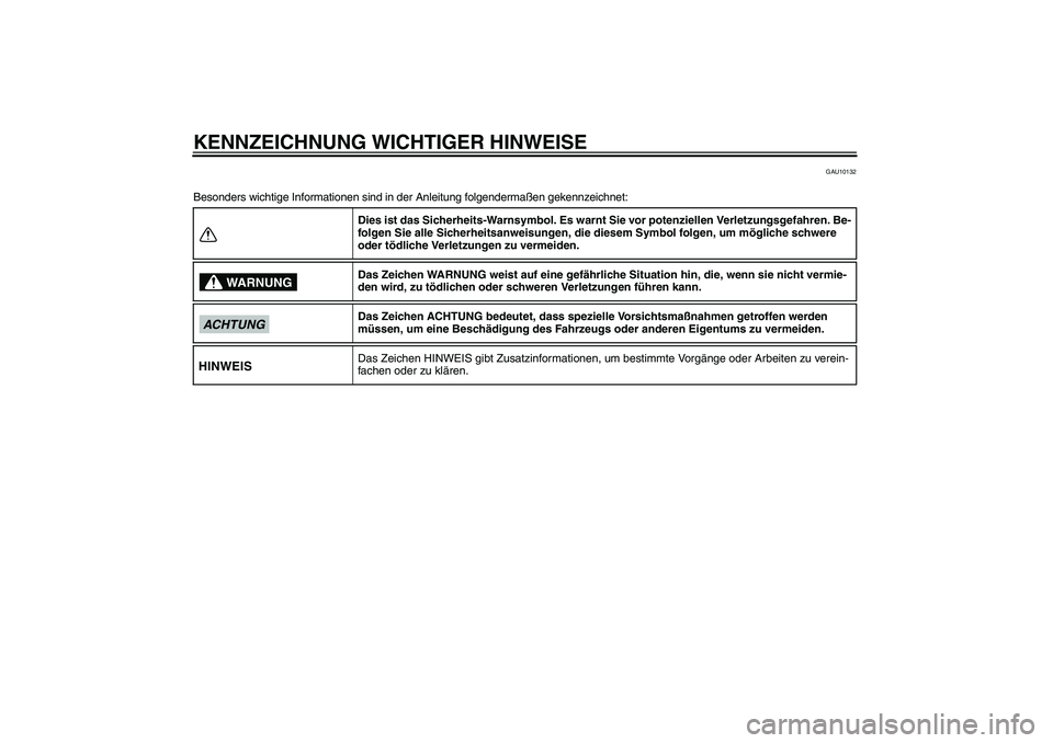 YAMAHA AEROX50 2009  Betriebsanleitungen (in German) KENNZEICHNUNG WICHTIGER HINWEISE
GAU10132
Besonders wichtige Informationen sind in der Anleitung folgendermaßen gekennzeichnet:
Dies ist das Sicherheits-Warnsymbol. Es warnt Sie vor potenziellen Verl