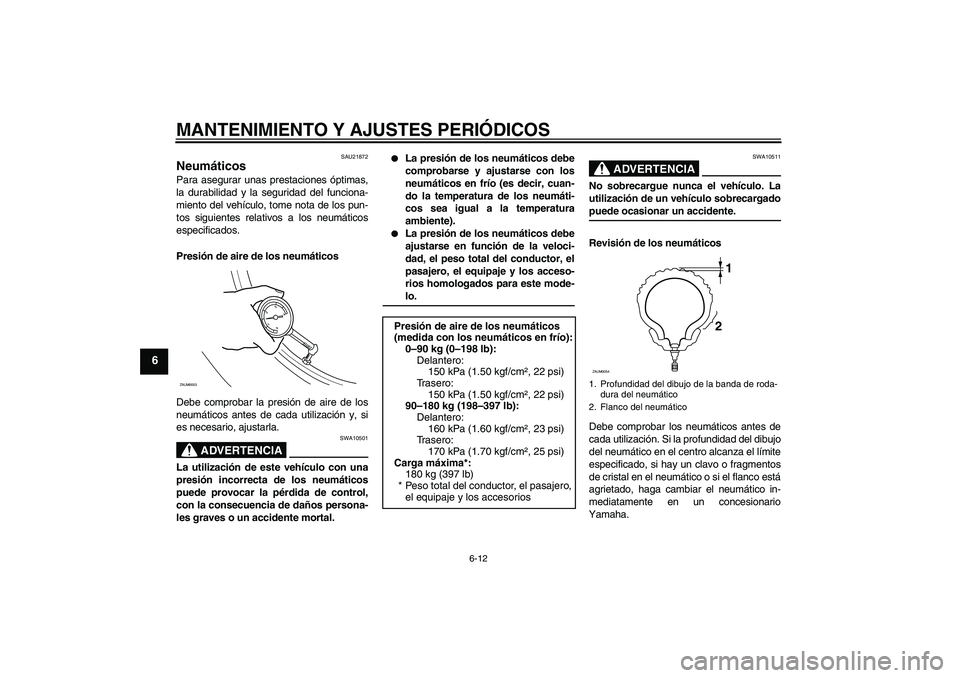 YAMAHA AEROX50 2009  Manuale de Empleo (in Spanish) MANTENIMIENTO Y AJUSTES PERIÓDICOS
6-12
6
SAU21872
Neumáticos Para asegurar unas prestaciones óptimas,
la durabilidad y la seguridad del funciona-
miento del vehículo, tome nota de los pun-
tos si