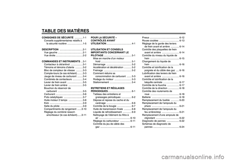 YAMAHA AEROX50 2009  Notices Demploi (in French) TABLE DES MATIÈRESCONSIGNES DE SÉCURITÉ ............1-1
Conseils supplémentaires relatifs à 
la sécurité routière .......................1-5
DESCRIPTION ..................................2-1
V