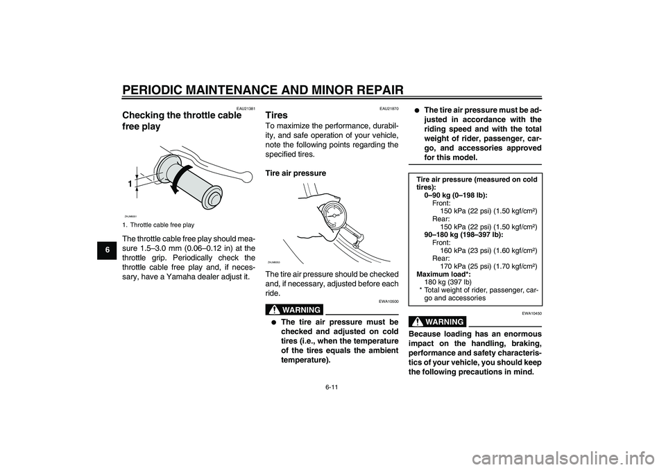 YAMAHA AEROX50 2008 Service Manual PERIODIC MAINTENANCE AND MINOR REPAIR
6-11
6
EAU21381
Checking the throttle cable 
free play The throttle cable free play should mea-
sure 1.5–3.0 mm (0.06–0.12 in) at the
throttle grip. Periodica