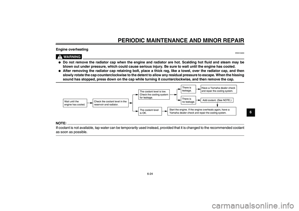 YAMAHA AEROX50 2005  Owners Manual PERIODIC MAINTENANCE AND MINOR REPAIR
6-24
6 Engine overheating
WARNING
EWA10400

Do not remove the radiator cap when the engine and radiator are hot. Scalding hot fluid and steam may be
blown out un