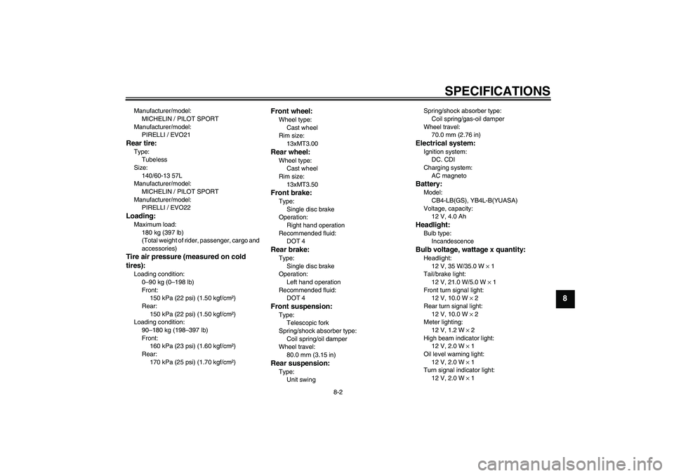 YAMAHA AEROX50 2005 Repair Manual SPECIFICATIONS
8-2
8
Manufacturer/model:
MICHELIN / PILOT SPORT
Manufacturer/model:
PIRELLI / EVO21Rear tire:Type:
Tubeless
Size:
140/60-13 57L
Manufacturer/model:
MICHELIN / PILOT SPORT
Manufacturer/