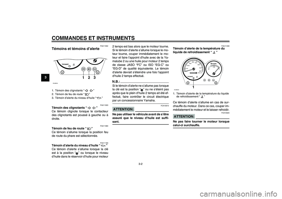 YAMAHA AEROX50 2008  Notices Demploi (in French) COMMANDES ET INSTRUMENTS
3-2
3
FAU11002
Témoins et témoins d’alerte 
FAU11020
Témoin des clignotants “” 
Ce témoin clignote lorsque le contacteur
des clignotants est poussé à gauche ou à
