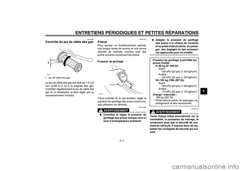 YAMAHA AEROX50 2006  Notices Demploi (in French) ENTRETIENS PÉRIODIQUES ET PETITES RÉPARATIONS
6-11
6
FAU21381
Contrôle du jeu de câble des gaz Le jeu de câble des gaz doit être de 1.5–3.0
mm (0.06–0.12 in) à la poignée des gaz.
Contrôl