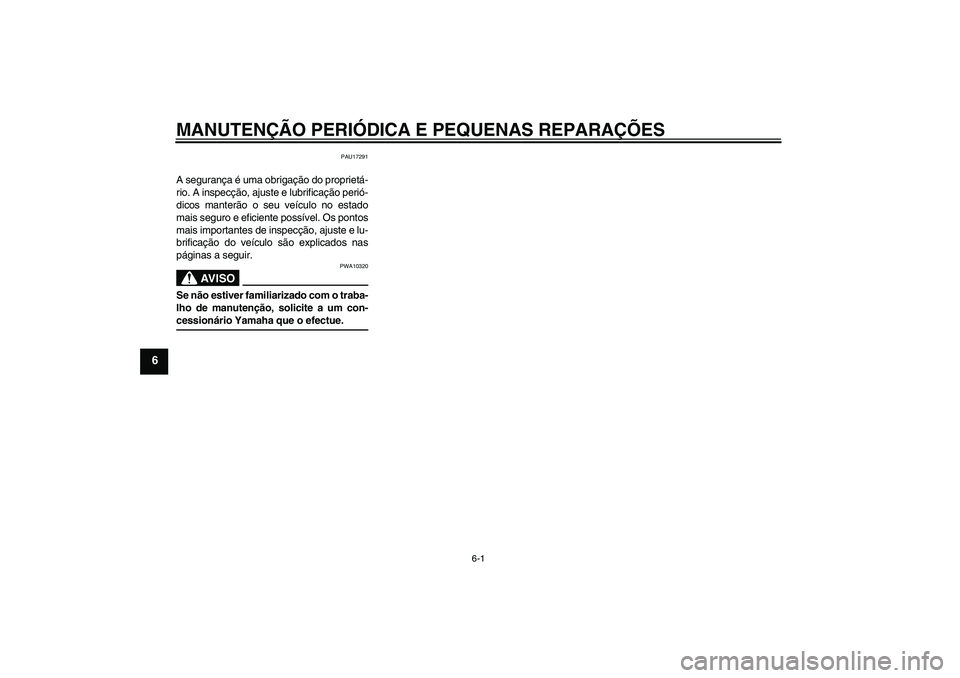 YAMAHA AEROX50 2005  Manual de utilização (in Portuguese) MANUTENÇÃO PERIÓDICA E PEQUENAS REPARAÇÕES
6-1
6
PAU17291
A segurança é uma obrigação do proprietá-
rio. A inspecção, ajuste e lubrificação perió-
dicos manterão o seu veículo no esta