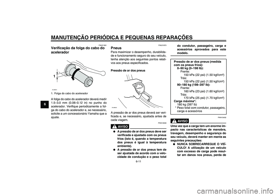 YAMAHA AEROX50 2006  Manual de utilização (in Portuguese) MANUTENÇÃO PERIÓDICA E PEQUENAS REPARAÇÕES
6-11
6
PAU21381
Verificação da folga do cabo do 
acelerador A folga do cabo do acelerador deverá medir
1.5–3.0 mm (0.06–0.12 in) no punho do
acel