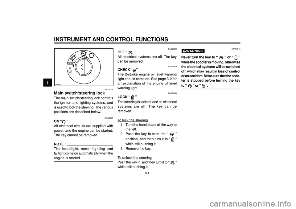 YAMAHA AEROX50 2004 Owners Manual 3
INSTRUMENT AND CONTROL FUNCTIONS
EAU00029
Main switch/steering lock
The main switch/steering lock controls
the ignition and lighting systems, and
is used to lock the steering. The various
posit YAMAHA AEROX50 2004 Owners Manual 3
INSTRUMENT AND CONTROL FUNCTIONS
EAU00029
Main switch/steering lock
The main switch/steering lock controls
the ignition and lighting systems, and
is used to lock the steering. The various
posit