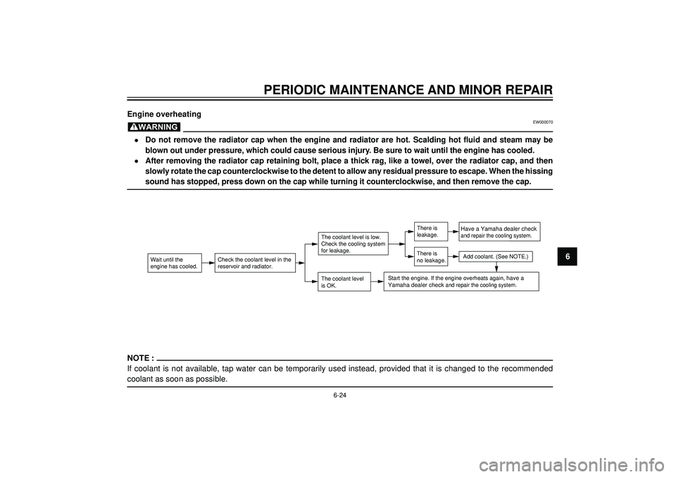 YAMAHA AEROX50 2004 Repair Manual PERIODIC MAINTENANCE AND MINOR REPAIR
6 Engine overheating
EW000070
•Do not remove the radiator cap when the engine and radiator are hot. Scalding hot fluid and steam may be
blown YAMAHA AEROX50 2004 Repair Manual PERIODIC MAINTENANCE AND MINOR REPAIR
6 Engine overheating
EW000070
•Do not remove the radiator cap when the engine and radiator are hot. Scalding hot fluid and steam may be
blown