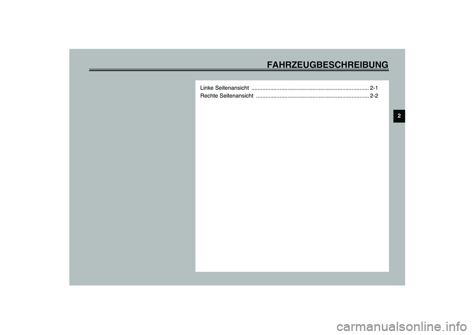 YAMAHA AEROX50 2004  Betriebsanleitungen (in German) FAHRZEUGBESCHREIBUNG
2
Linke Seitenansicht  ........................................................................... 2-1
Rechte Seitenansicht  ......................................................